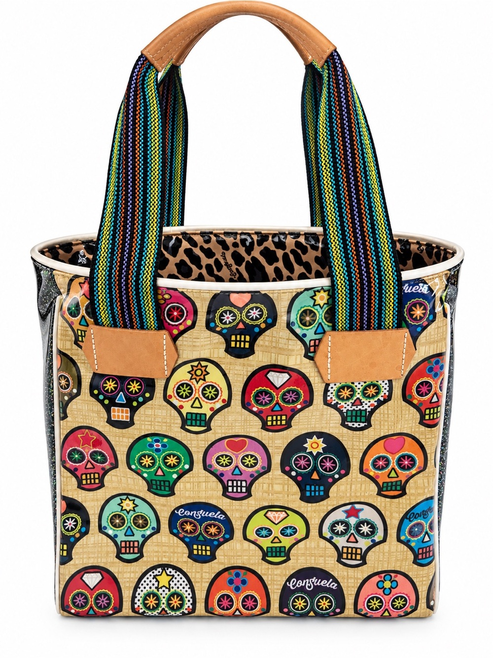 Consuela Multicolor Sugar Skull Tote with Tan Base and Striped Handles